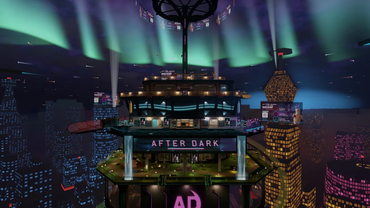 The AFTER DARK tower at night under green aurora, its neon sign and two waterfalls lit, the club train's track wrapped round it