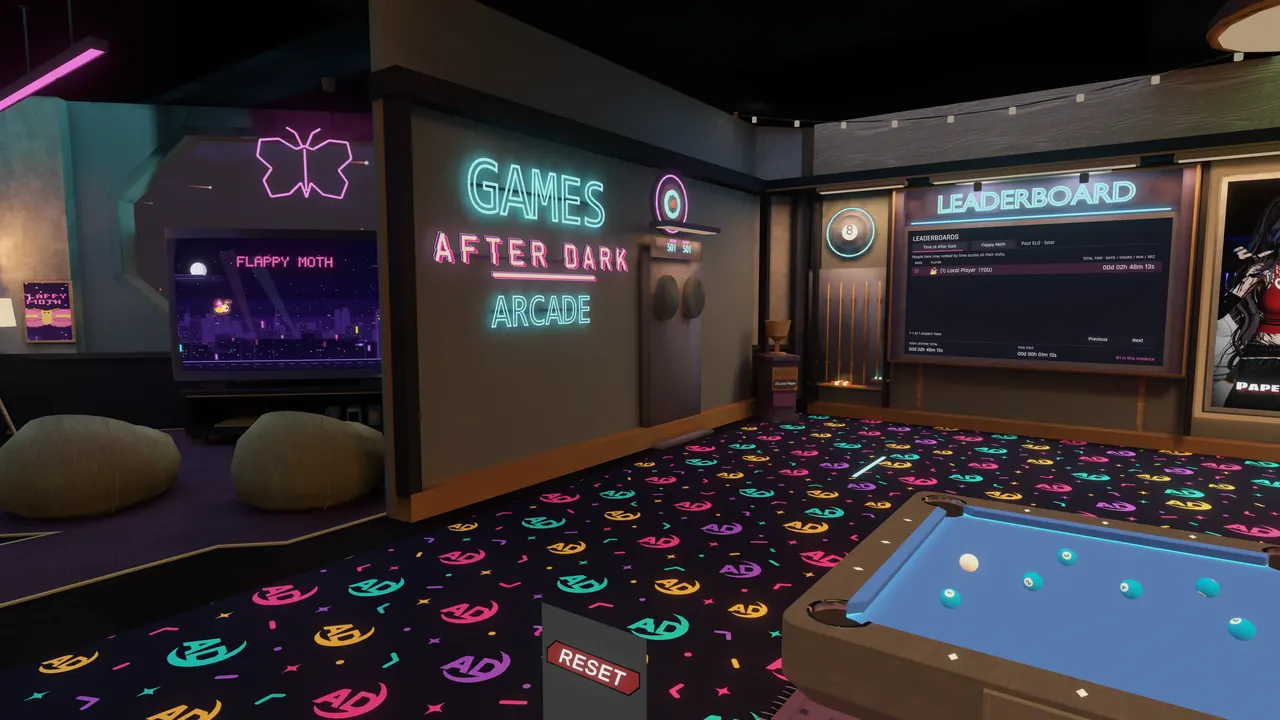The games corner: a neon GAMES sign, a pool table, the leaderboard and the Flappy Moth arcade TV