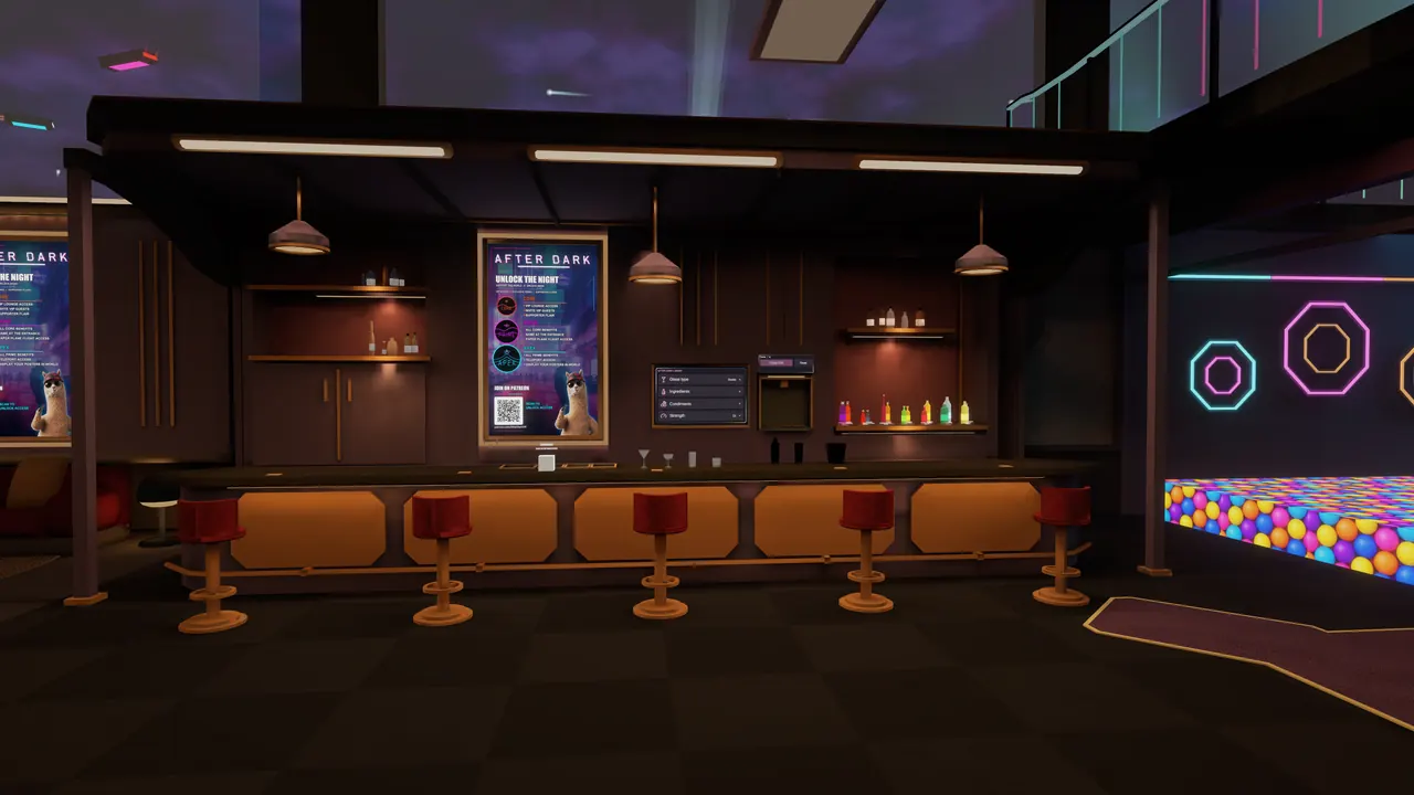 The dance-floor bar with its row of red stools