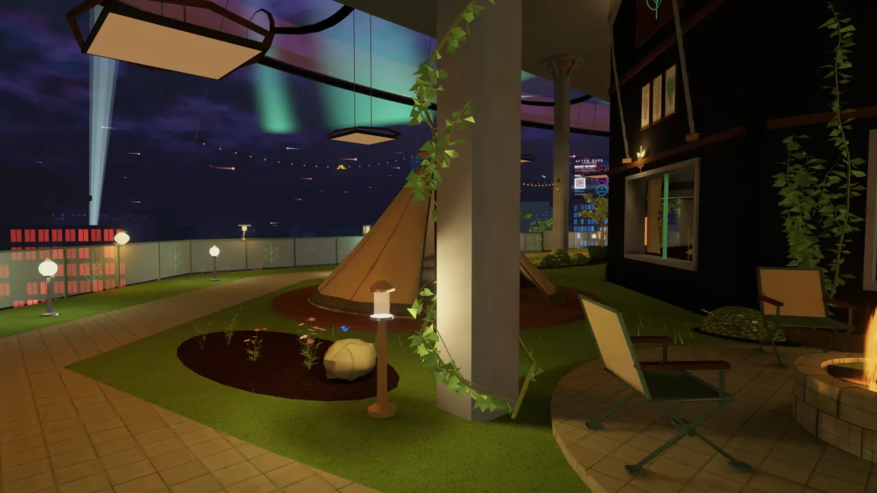 The Dreaming Tent's neon sign over a cushioned den