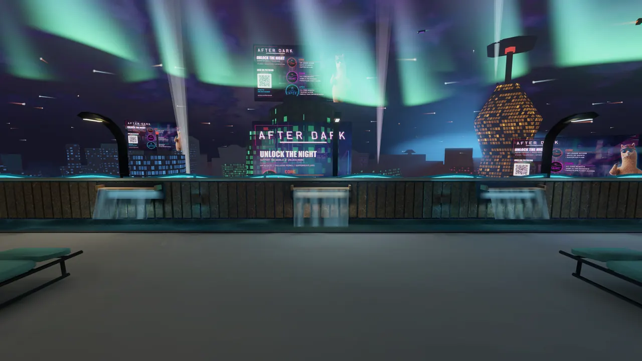 The fountain wall under the aurora