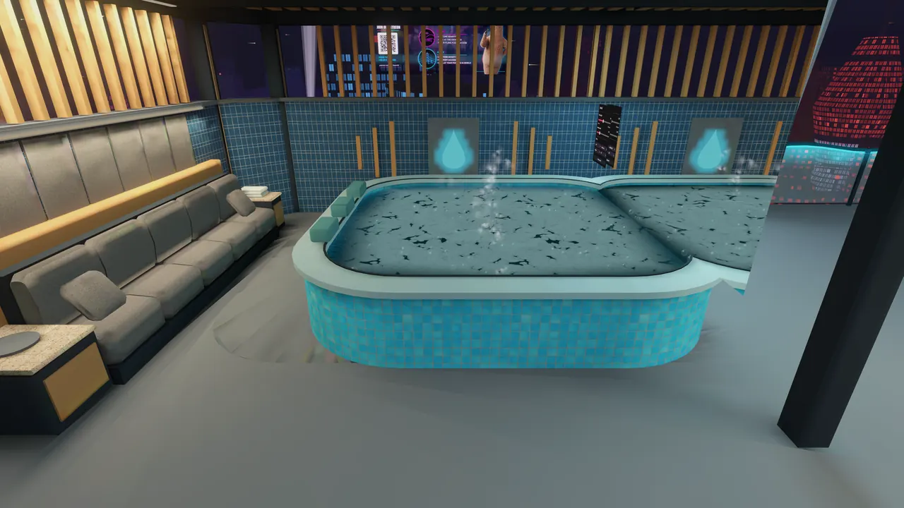 A bubbling tiled jacuzzi beside lounge sofas